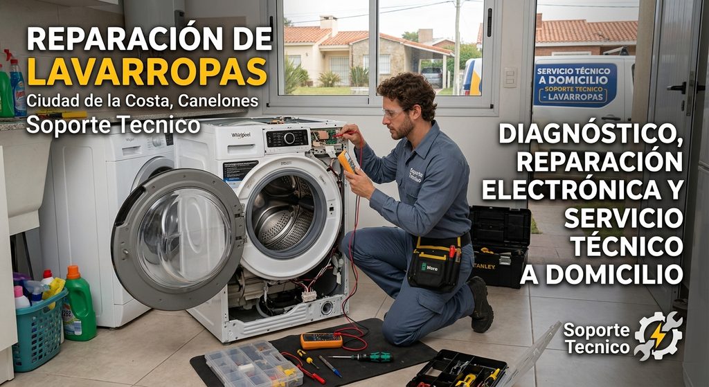 Técnico de Soporte Técnico realizando diagnóstico electrónico y reparación de lavarropas a domicilio en Ciudad de la Costa, Canelones.